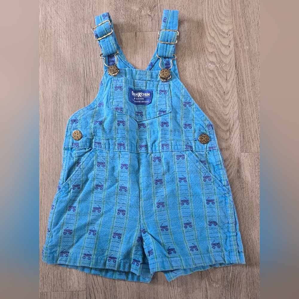 Vintage OshKosh B'gosh Turquoise Overall Shorts with Wagon Print